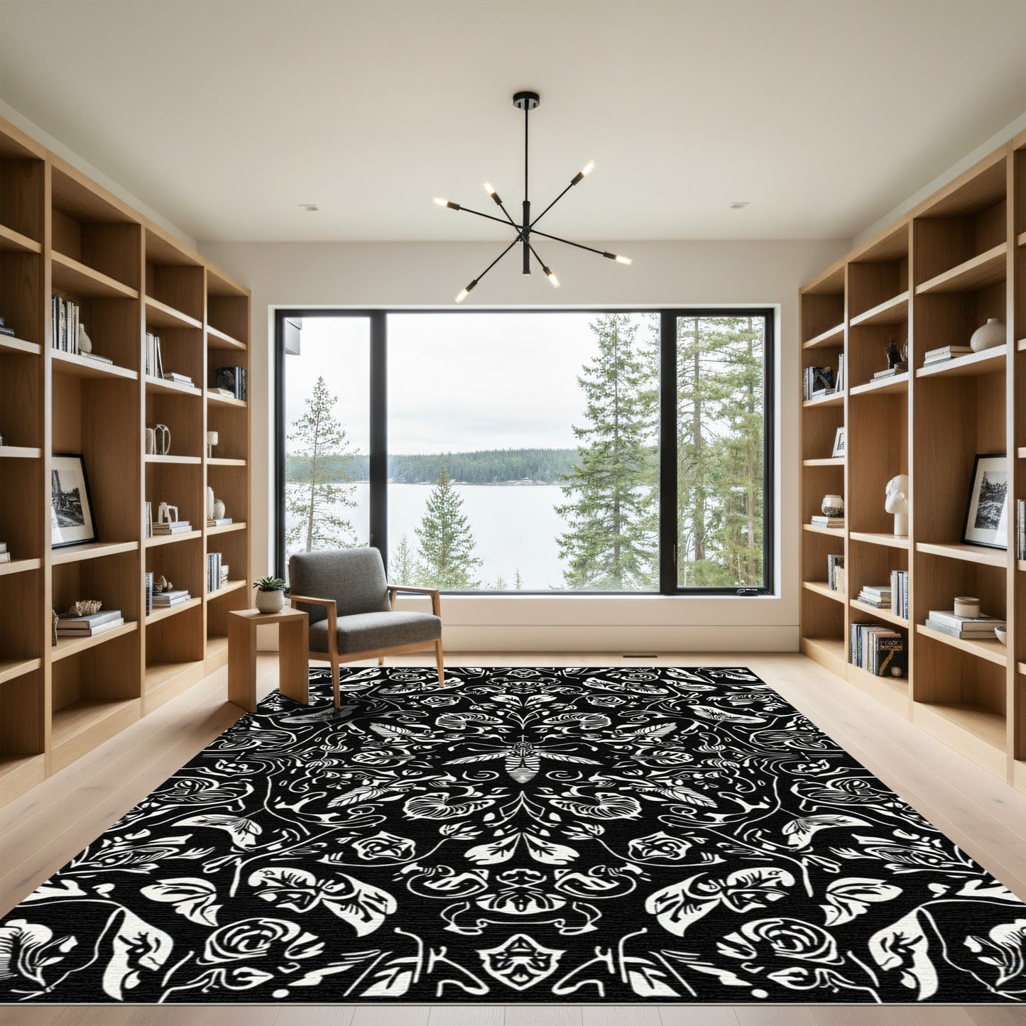 Monochromatic Black White Insect Floral Rug
