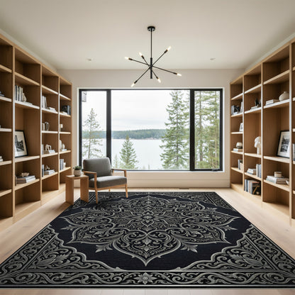 Sophisticated Silver Floral Filigree Medallion Rug