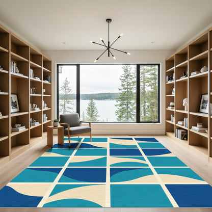 Azure Blue Mid Century Curve Squares Rug