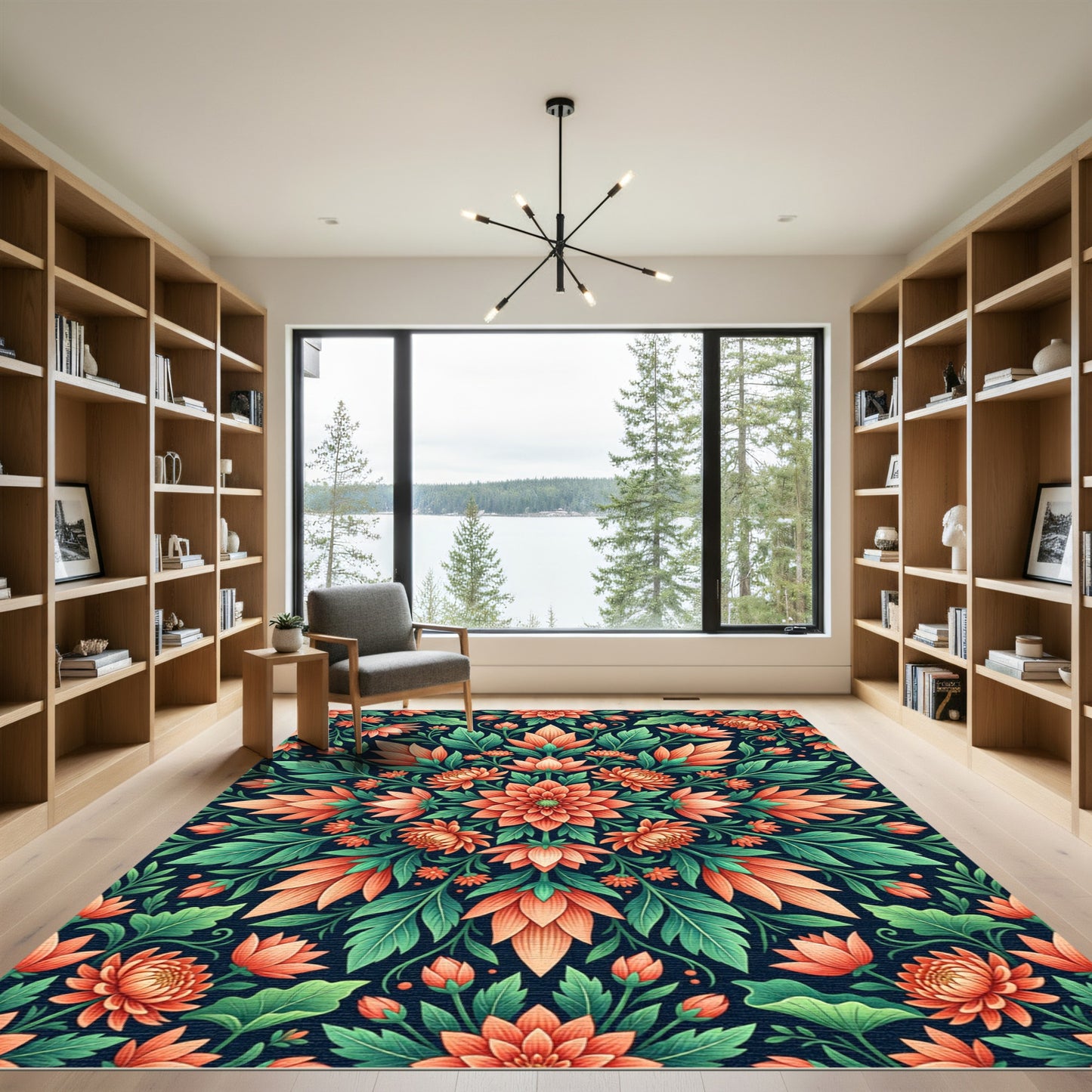 Symmetrical Coral Floral Botanical Medallion Rug