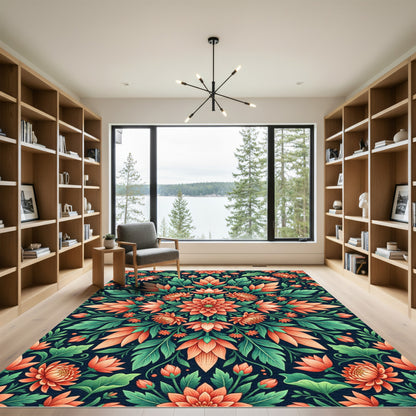 Symmetrical Coral Floral Botanical Medallion Rug