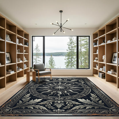 Baroque Silver Sunburst Ornate Medallion Rug