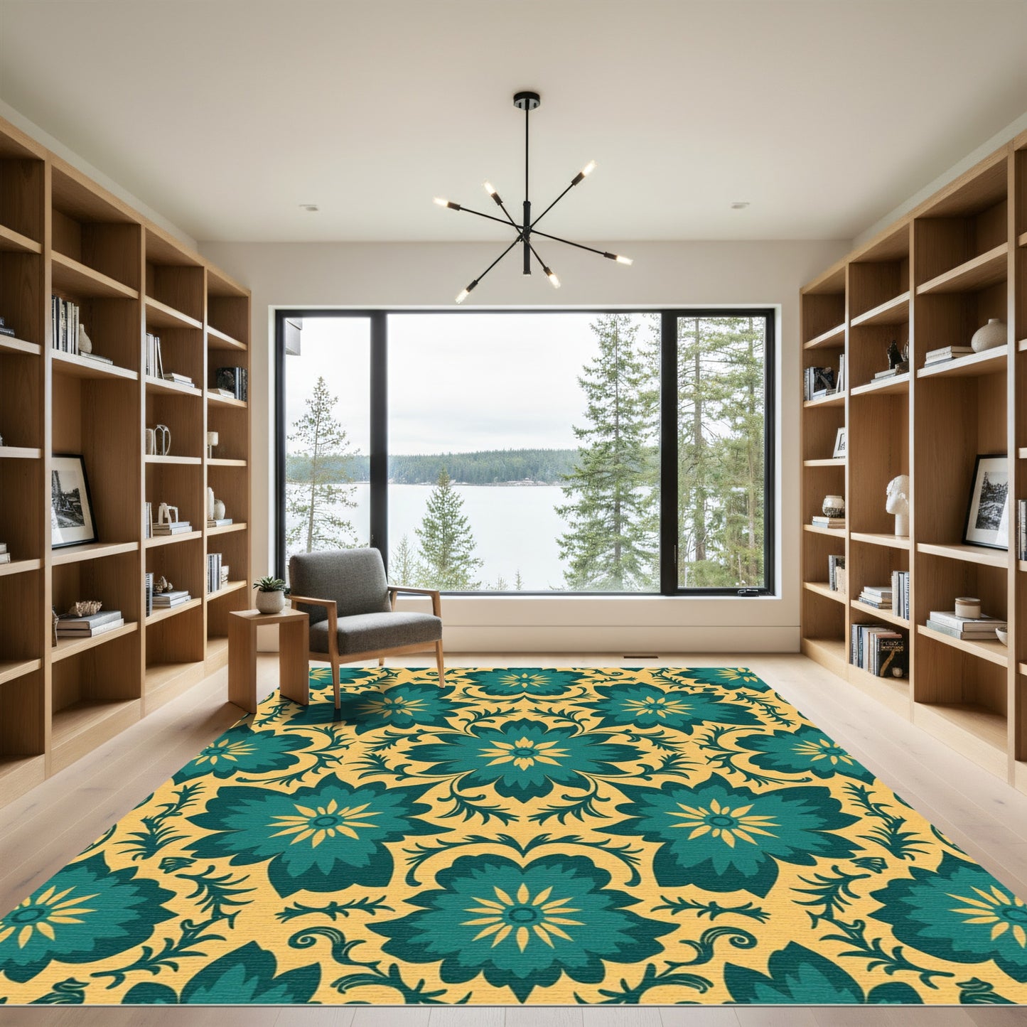 Teal Yellow Floral Medallion Arrangement Rug