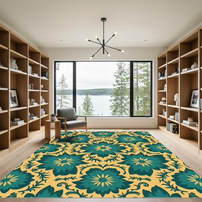 Teal Yellow Floral Medallion Arrangement Rug