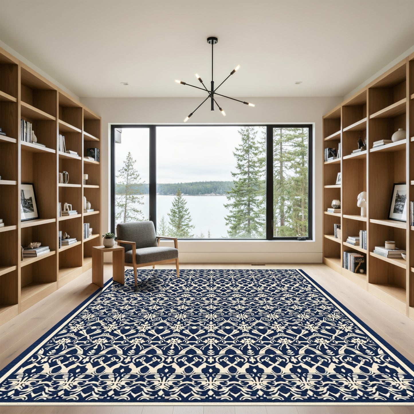 Navy Cream Intricate Floral Band Rug