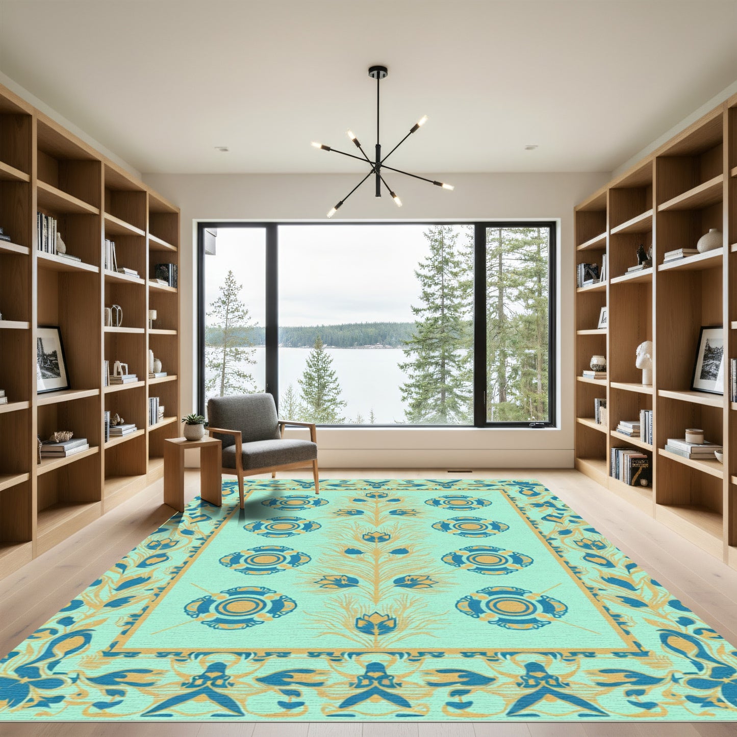 Aqua Blue Yellow Ornamental Blossom Rug