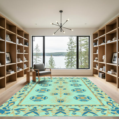 Aqua Blue Yellow Ornamental Blossom Rug