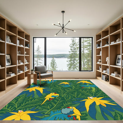 Vibrant Yellow Parrot Jungle Leaves Rug