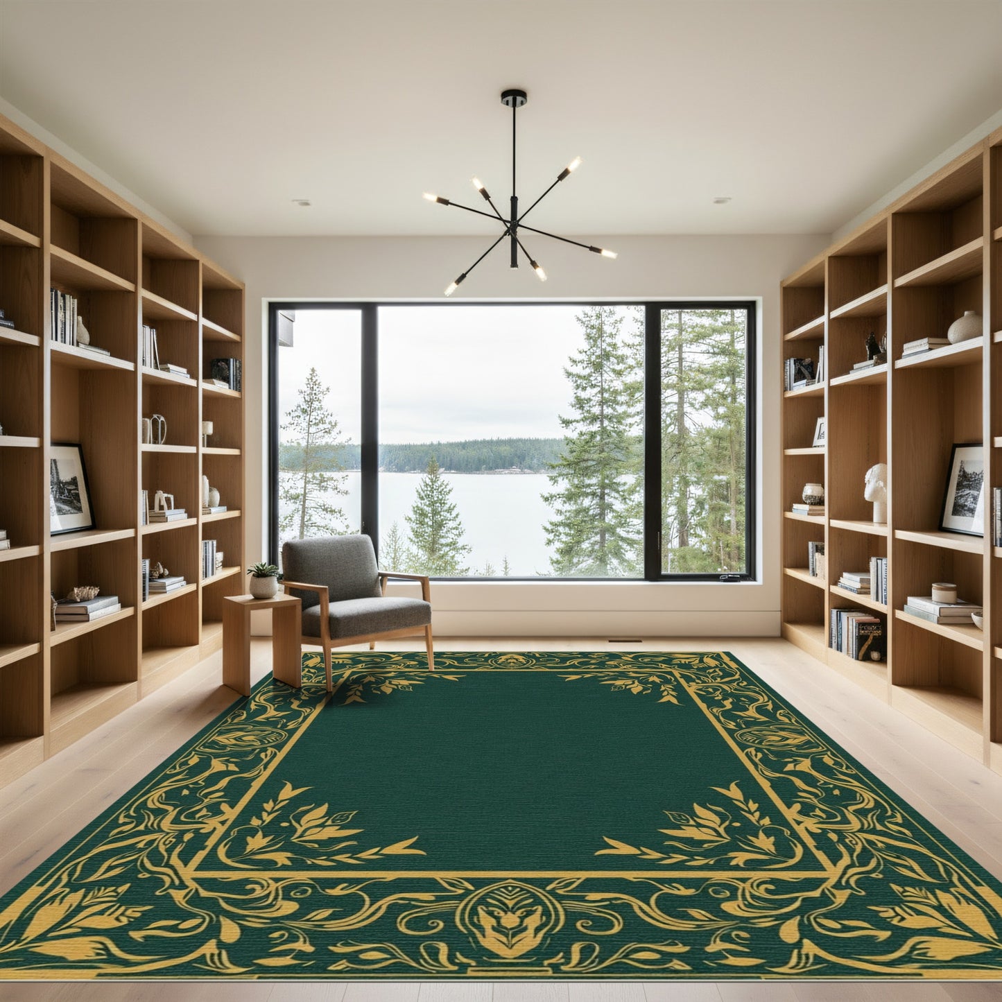 Deep Emerald Golden Floral Border Rug