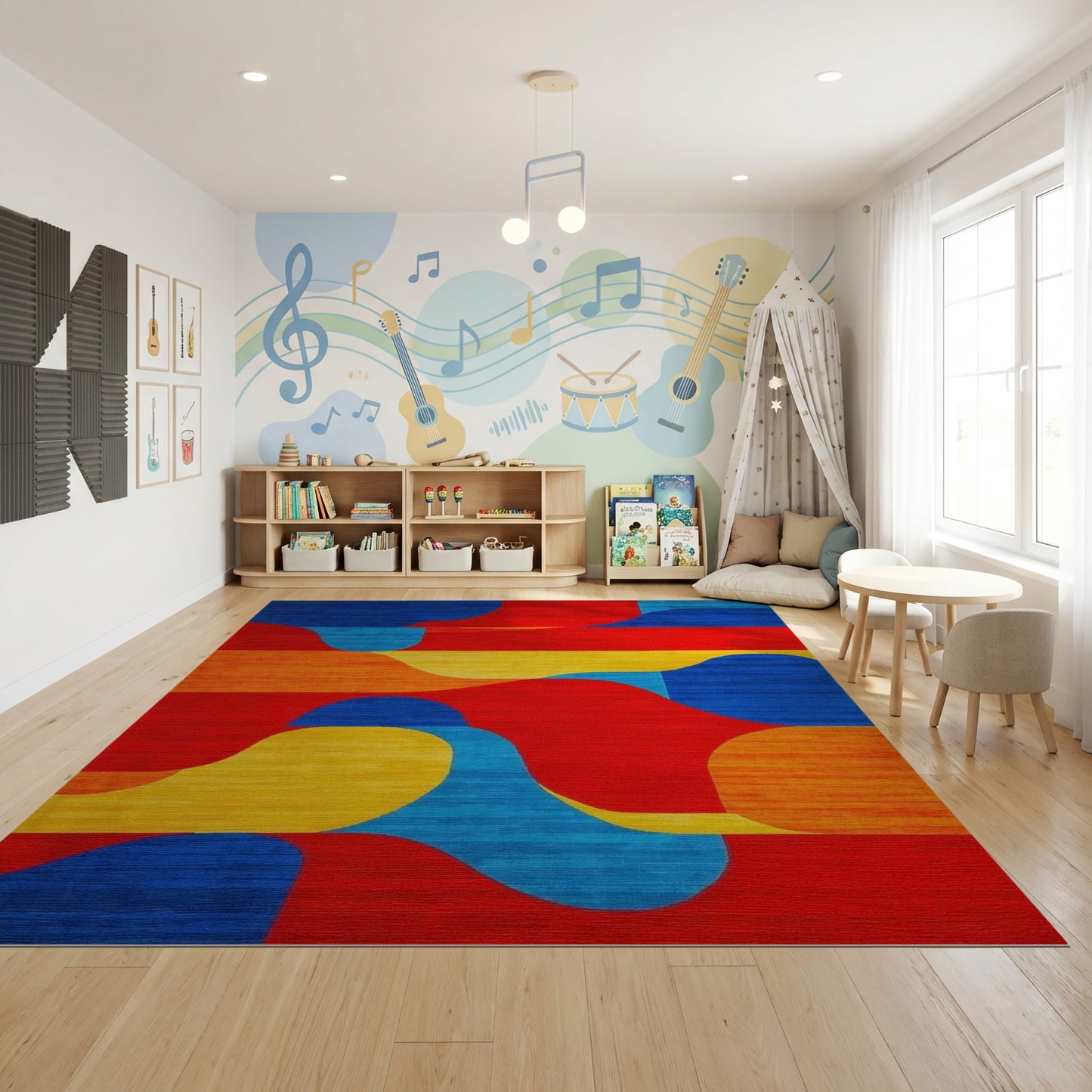 Vibrant Wavy Red Blue Orange Yellow Rug