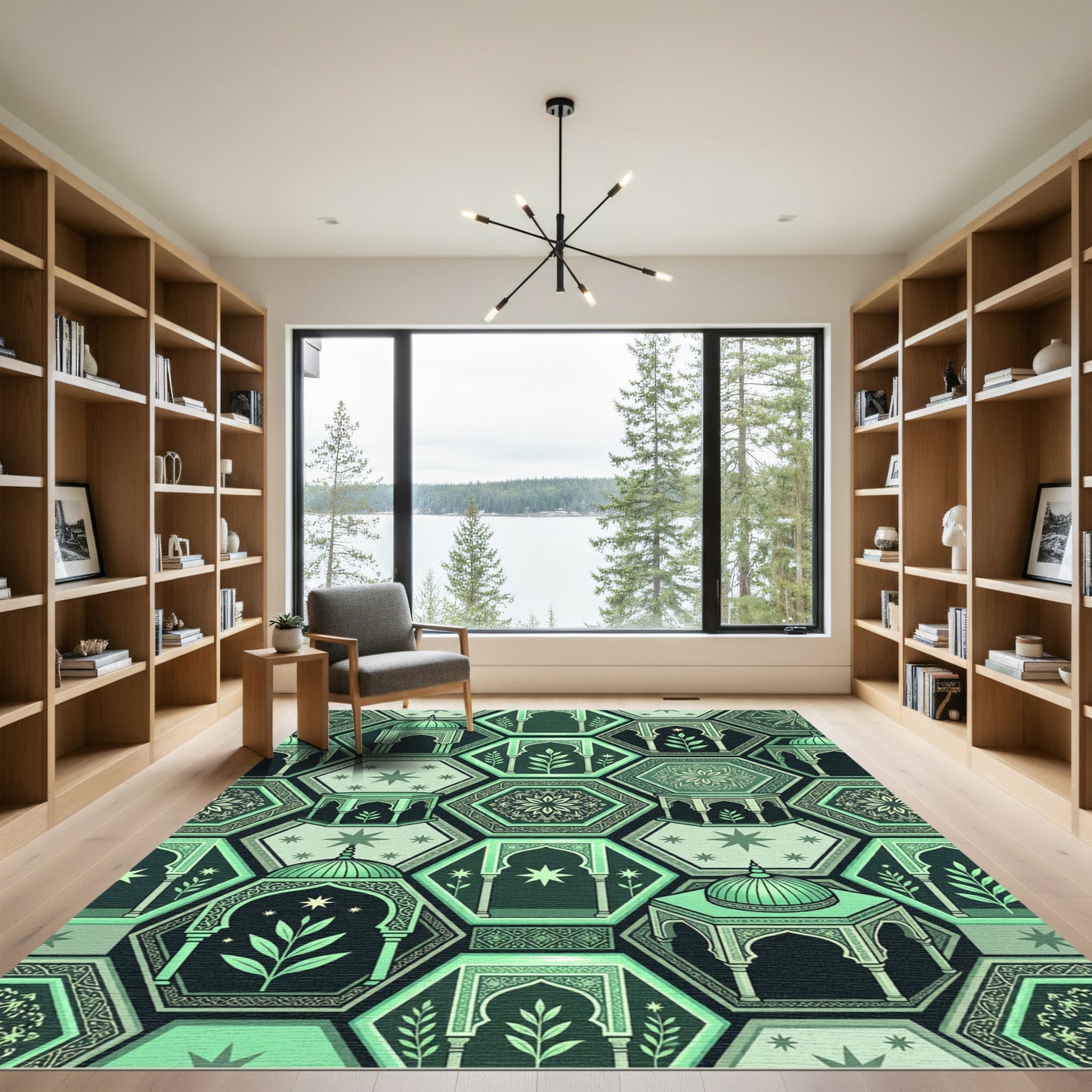 Teal Geometric Arabesque Medallion Hexagons Rug