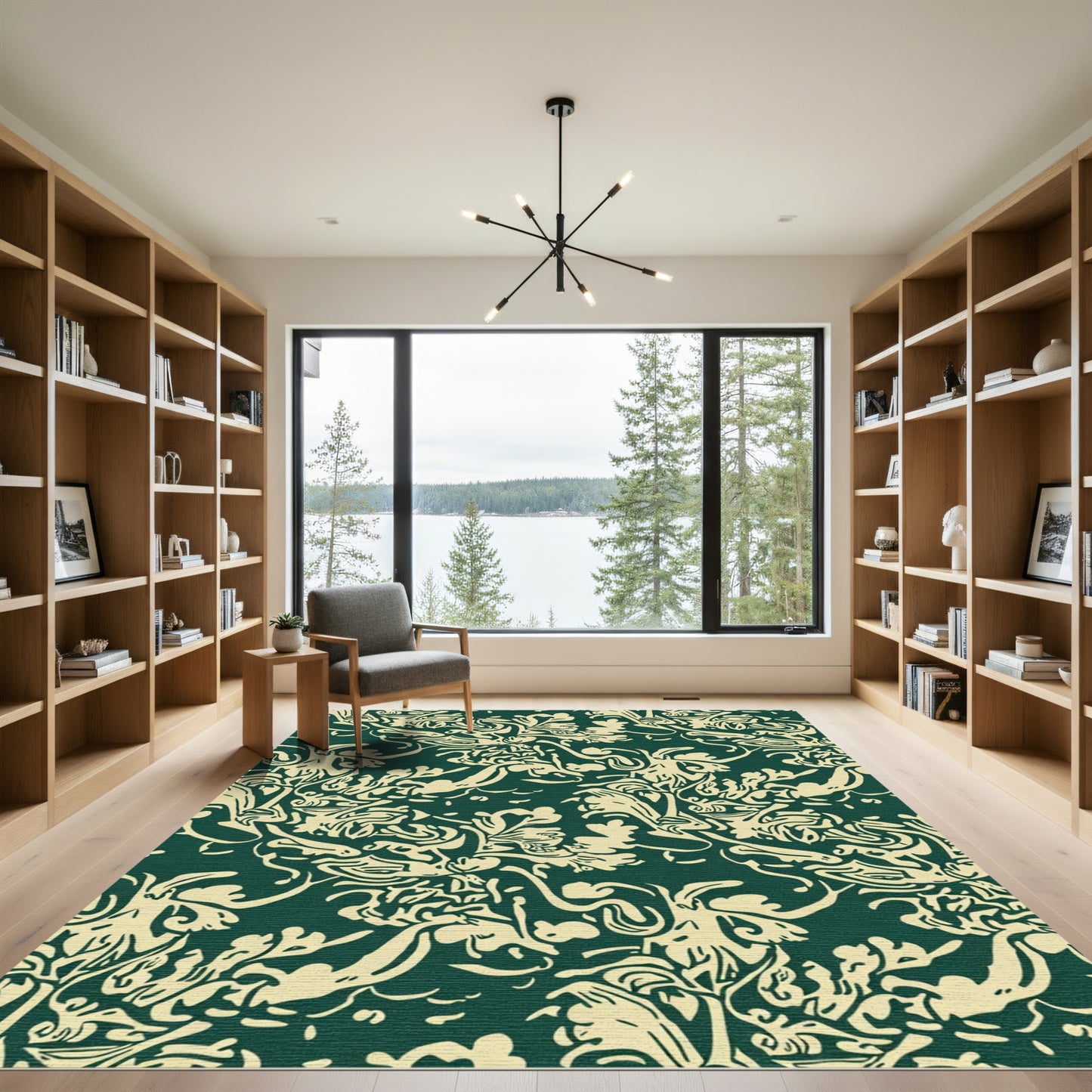 Cream Outline Floral Swirls Emerald Rug