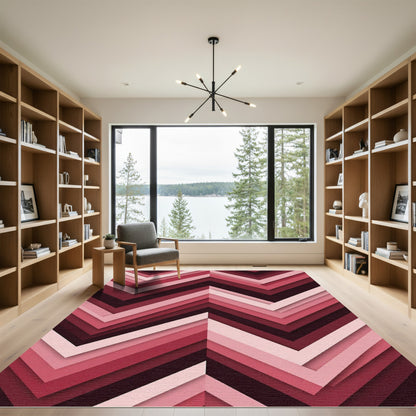 Modern Deep Red Geometric Chevron Rug