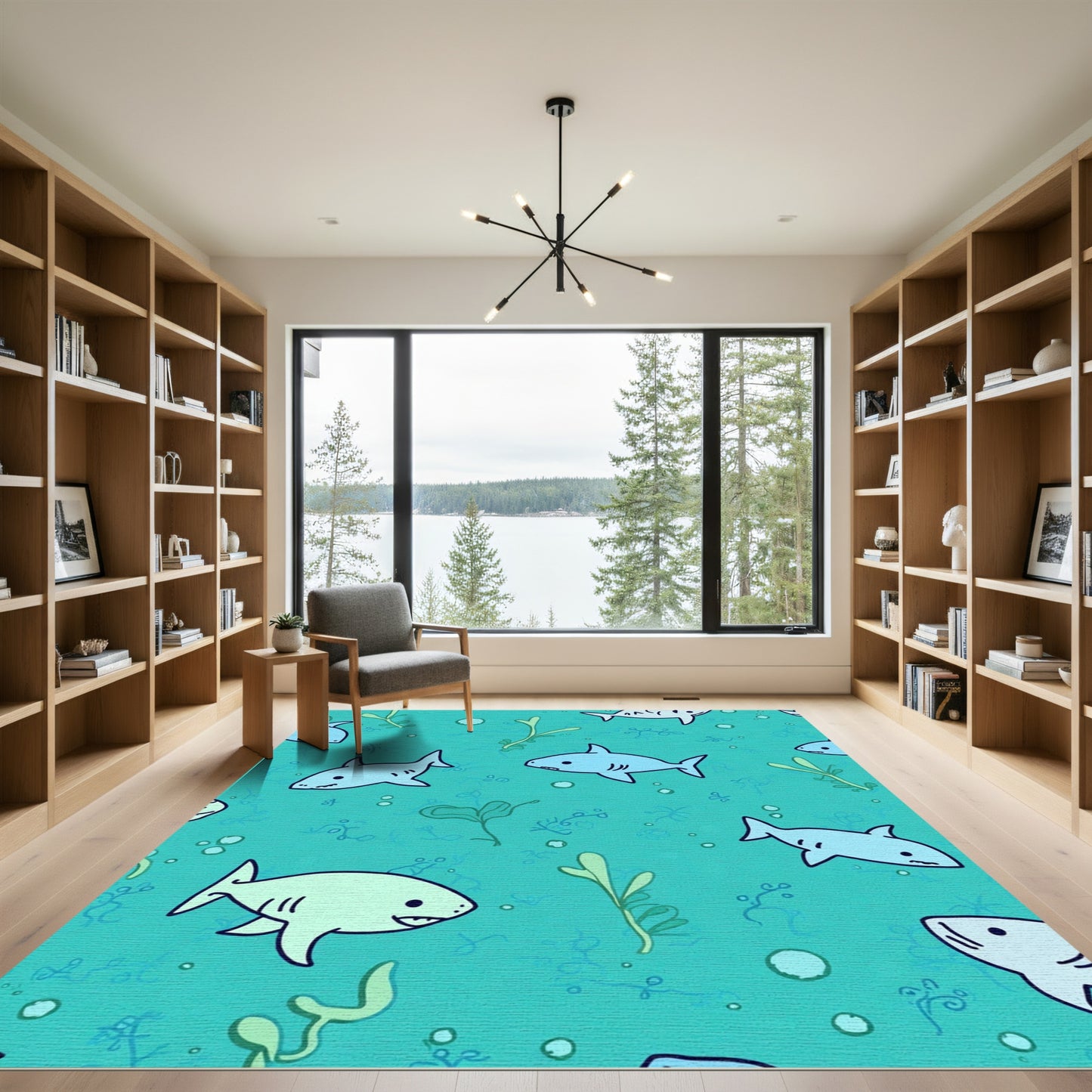 Whimsical Blue Shark Underwater Scene Rug