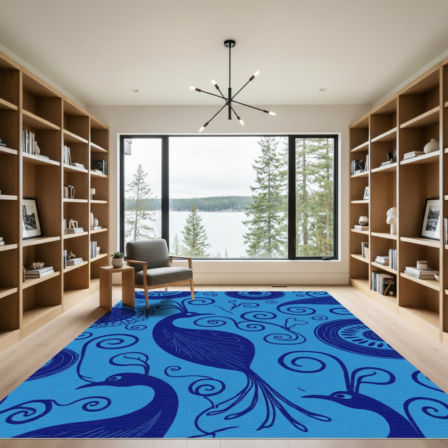 Blue Peacock Swirl Floral Art Rug