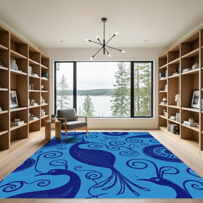 Blue Peacock Swirl Floral Art Rug