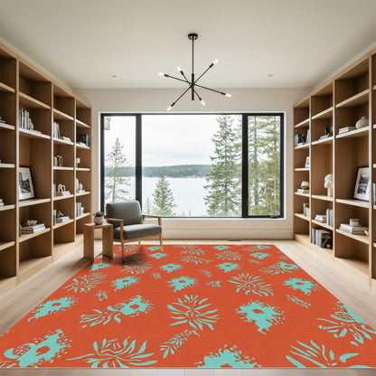Orange Teal Floral Botanical Arrangement Rug