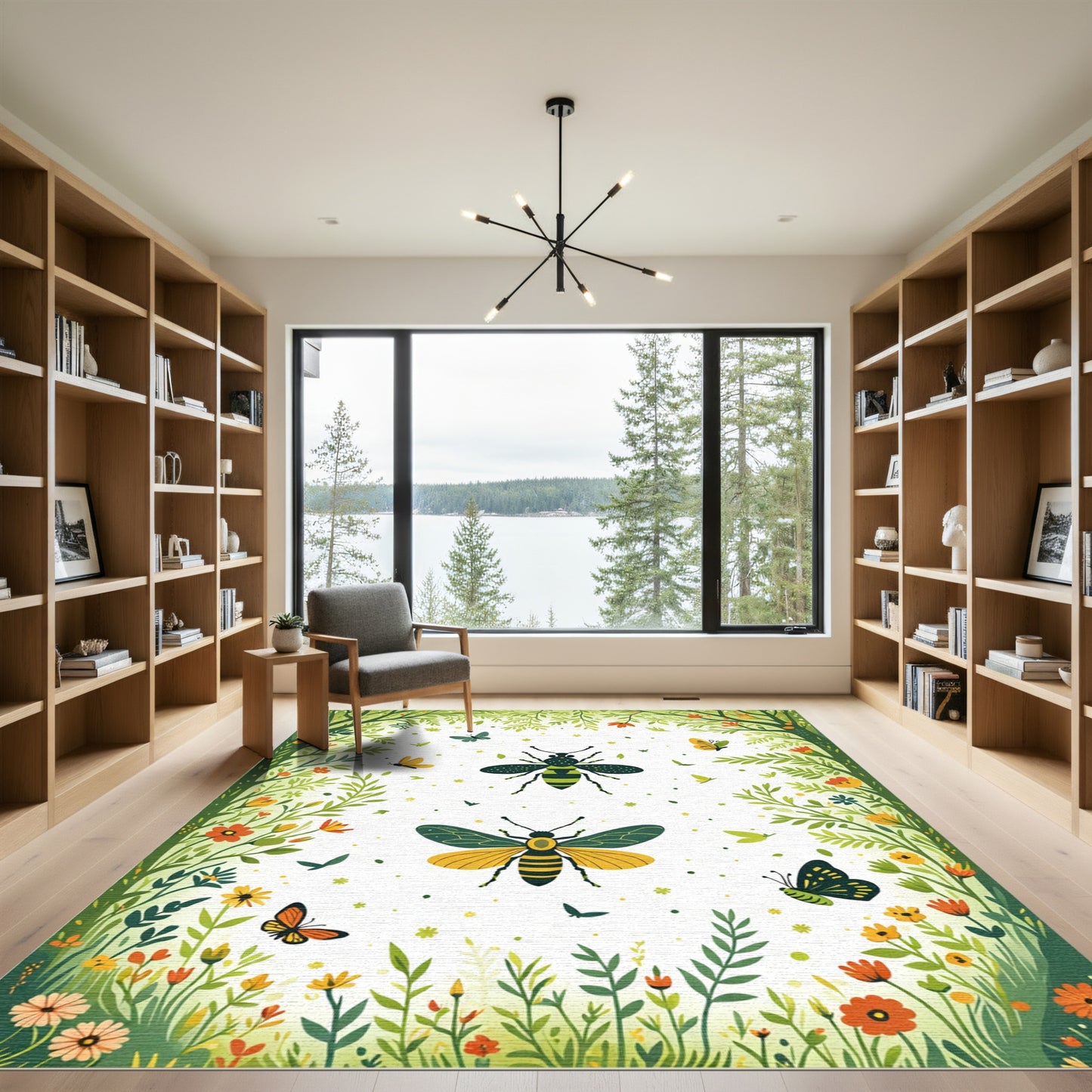 Whimsical Green Bee Butterfly Garden Rug