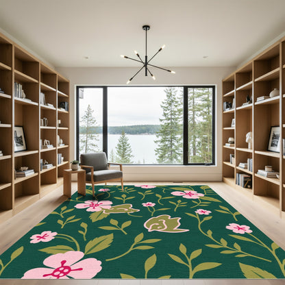 Dark Emerald Pink Floral Vine Rug