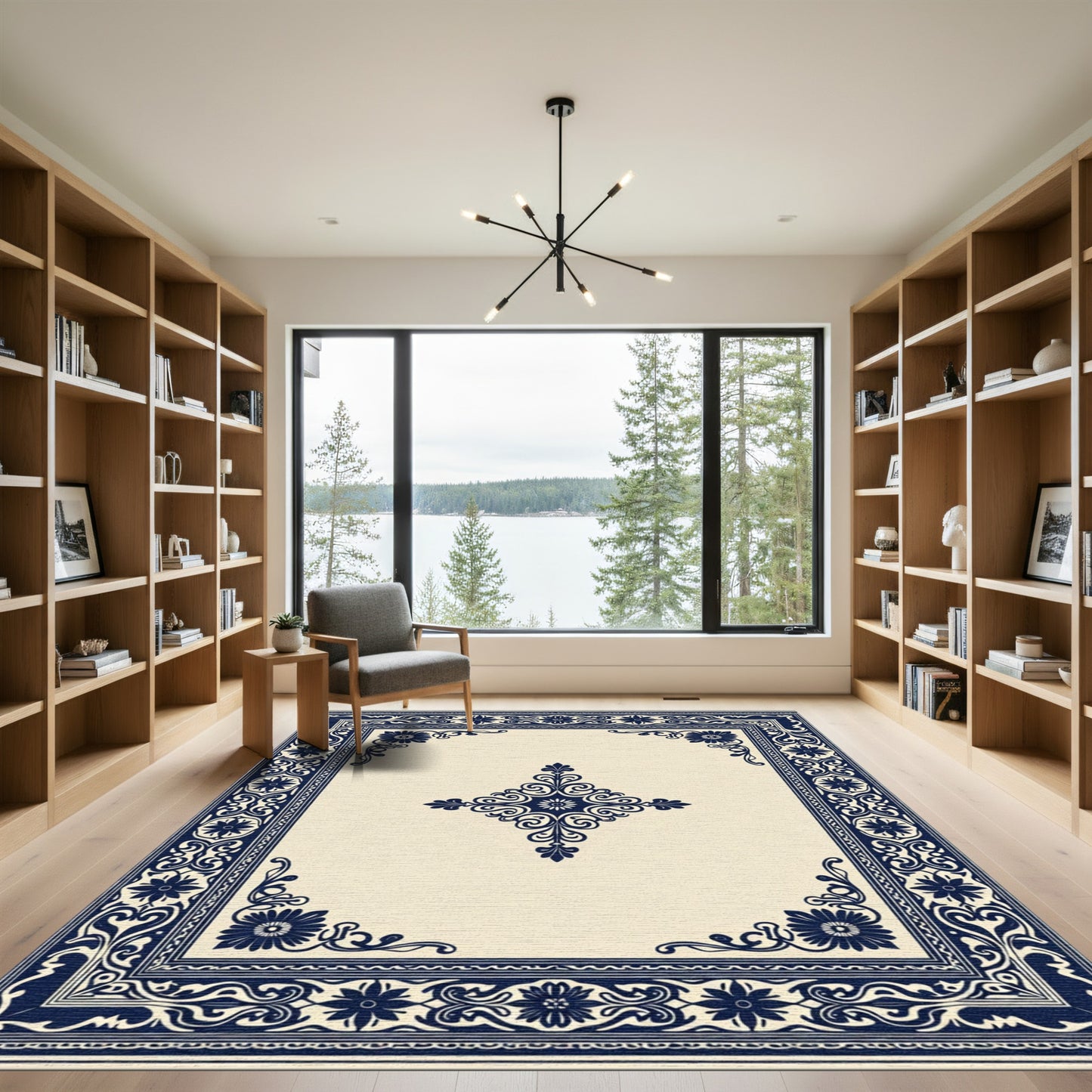 Ornate Navy Floral Centerpiece Border Rug