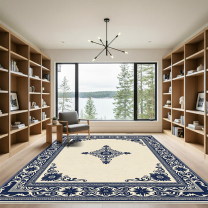 Ornate Navy Floral Centerpiece Border Rug