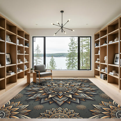 Metallic Gray Golden Lotus Mandala Rug