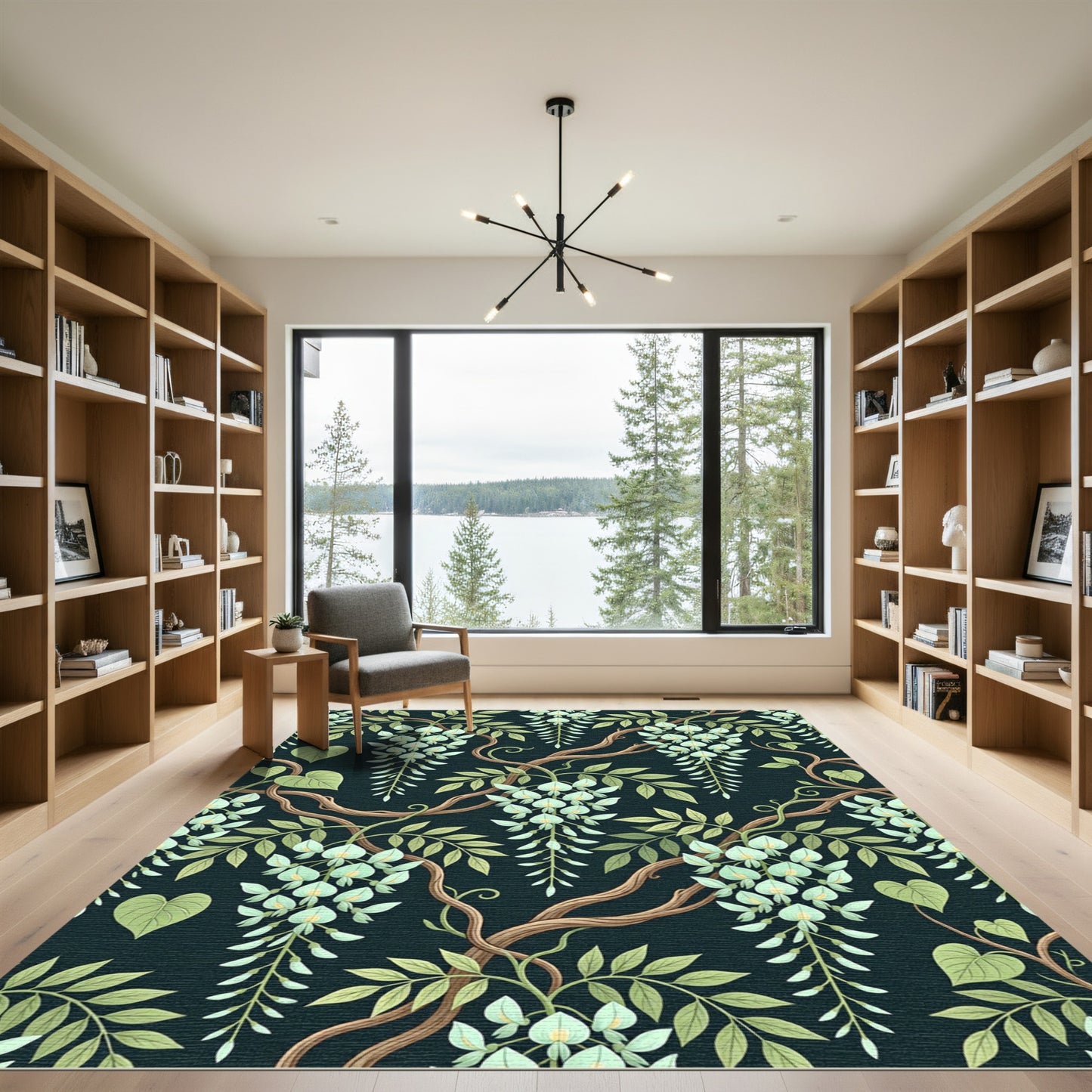 Light Green Wisteria Vine Dark Floral Rug
