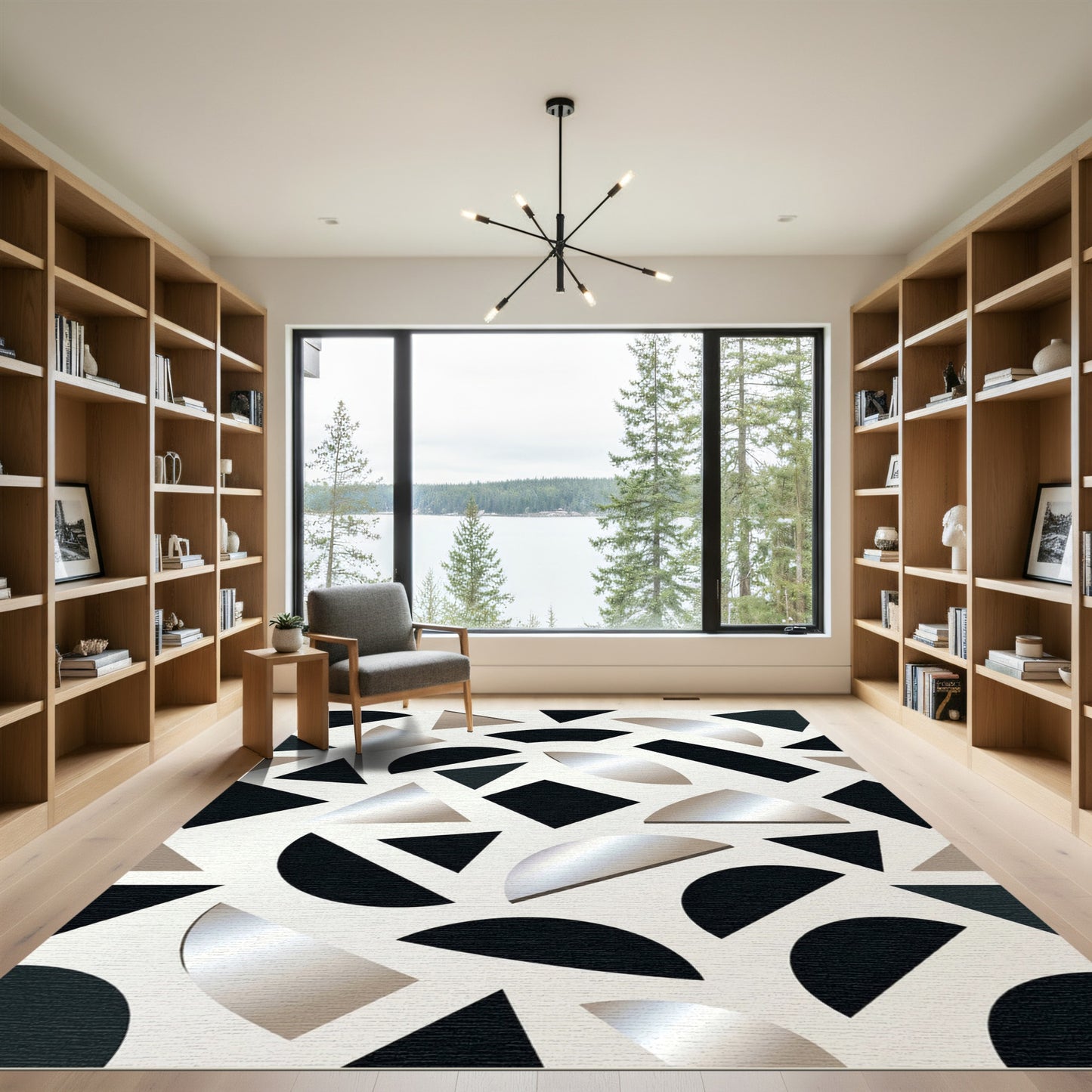 Abstract Geometric Shapes Black Silver Rug