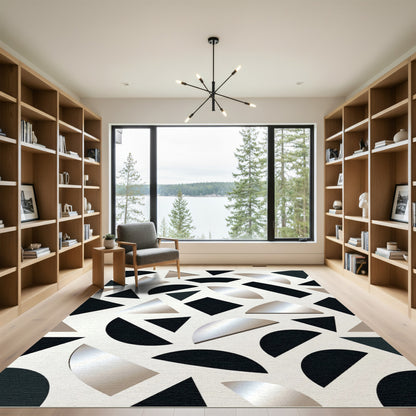 Abstract Geometric Shapes Black Silver Rug