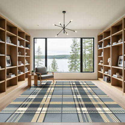 Earthy Tan Gray Plaid Blanket Stitch Rug
