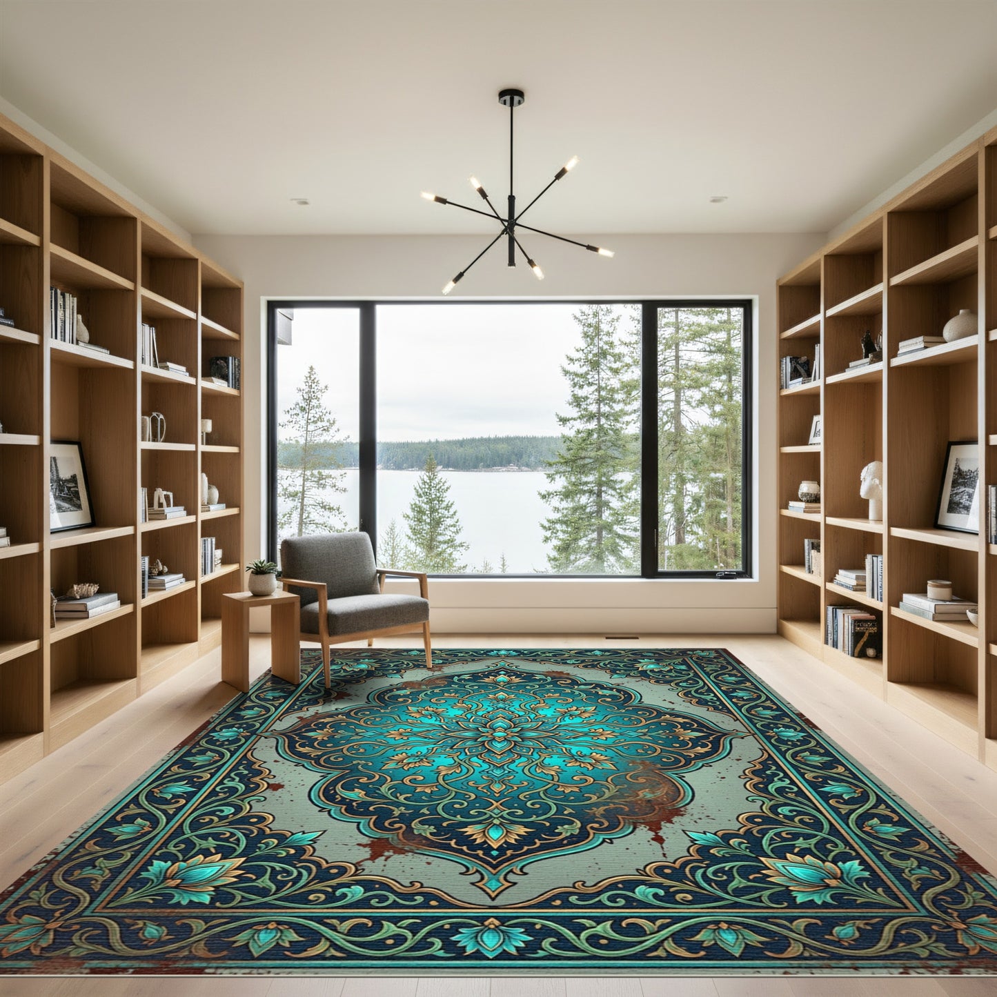 Ornate Teal Turquoise Floral Medallion Rug