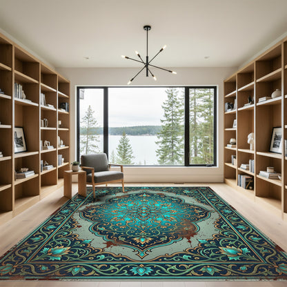 Ornate Teal Turquoise Floral Medallion Rug