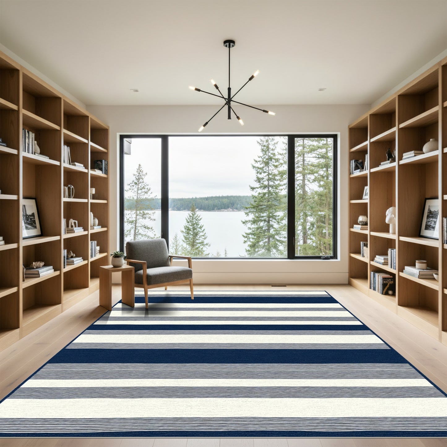 Navy Creme Linear Horizontal Accent Rug