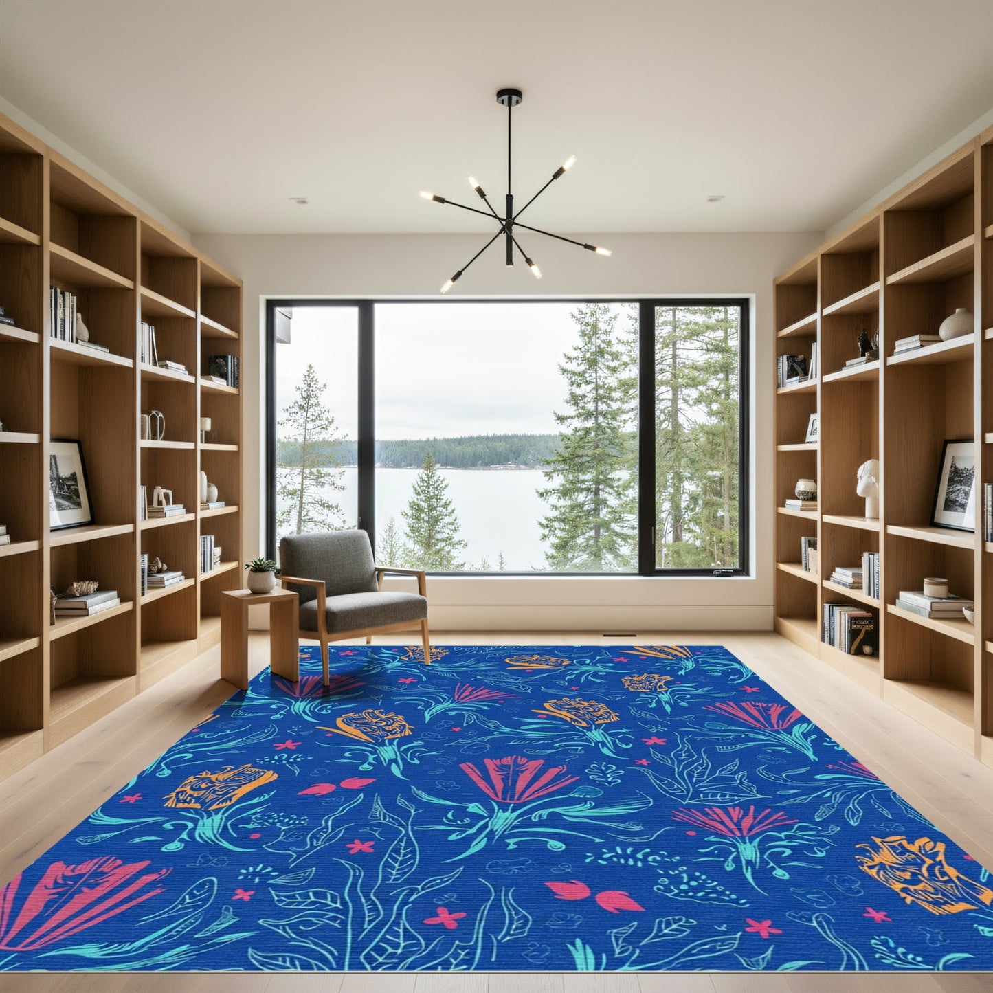 Blue Coral Orange Floral Garden Rug
