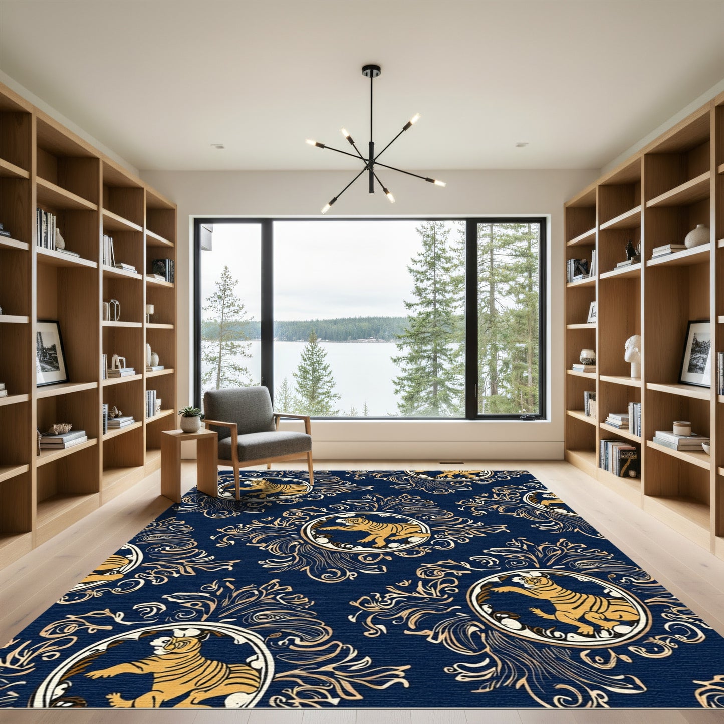 Navy Gold Tiger Medallion Baroque Rug