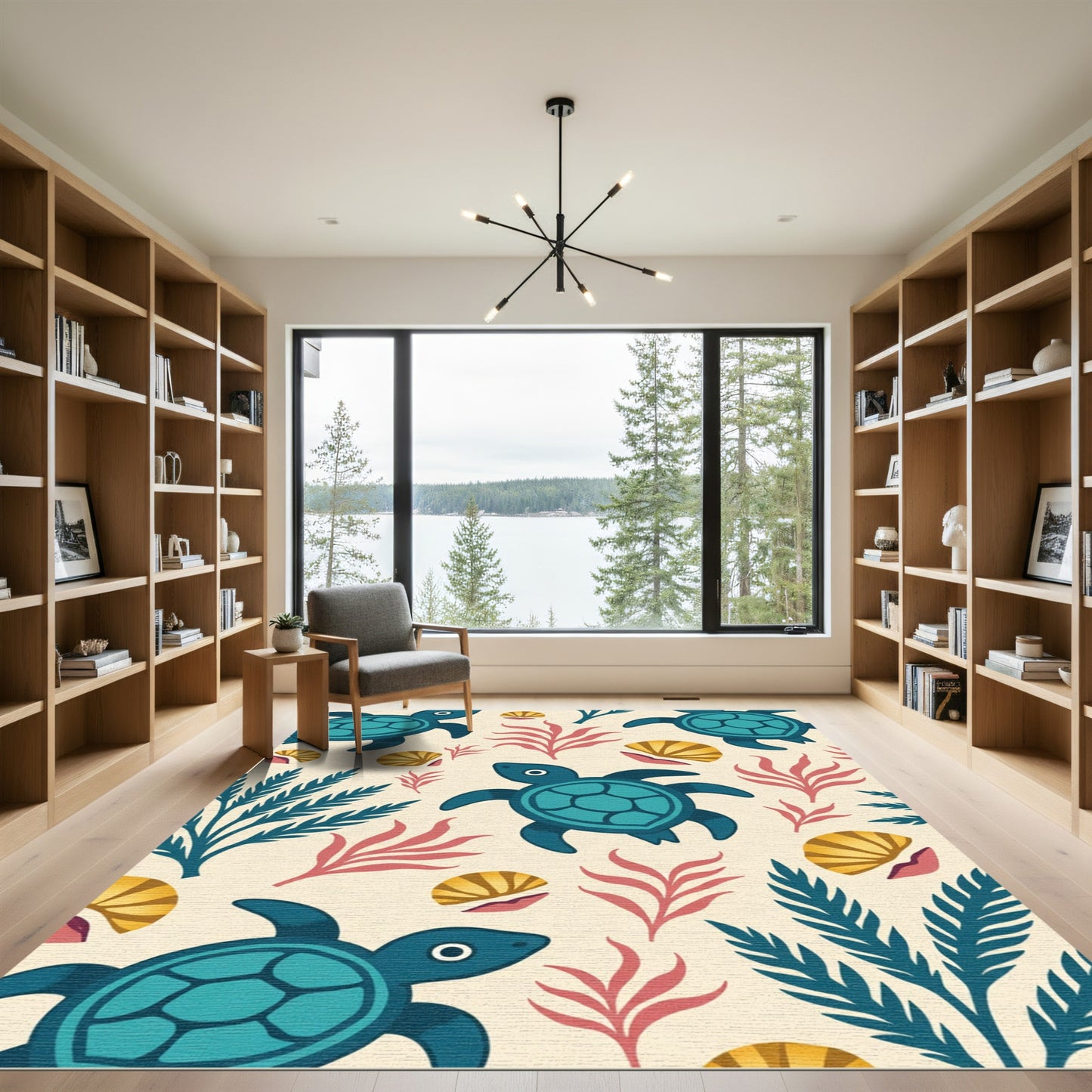 Playful Teal Sea Turtles Coral Shells Rug