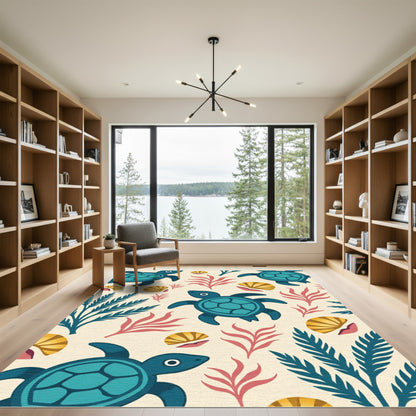 Playful Teal Sea Turtles Coral Shells Rug