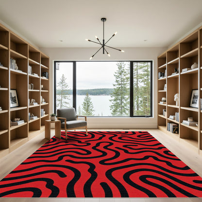 Bold Red Black Organic Swirl Rug