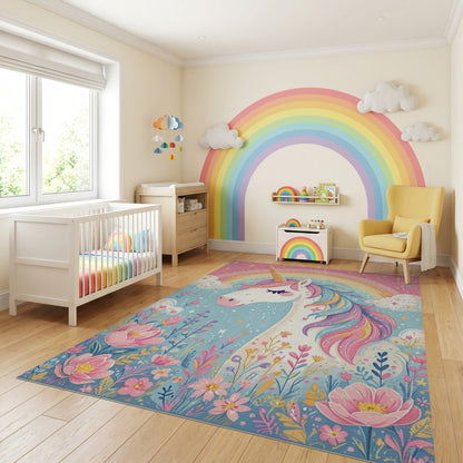 Whimsical Unicorn Rainbow Floral Stars Rug