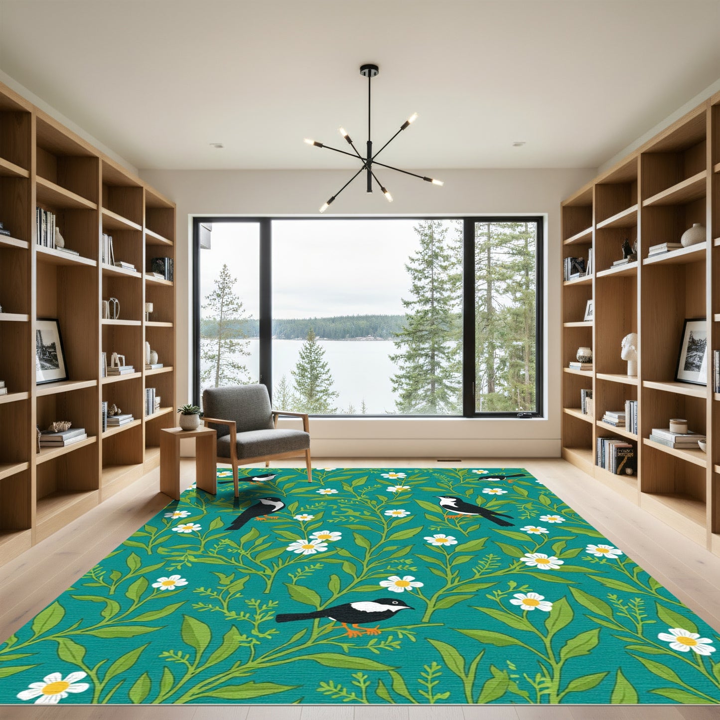 Teal Bird and Daisy Floral Arrangement Rug