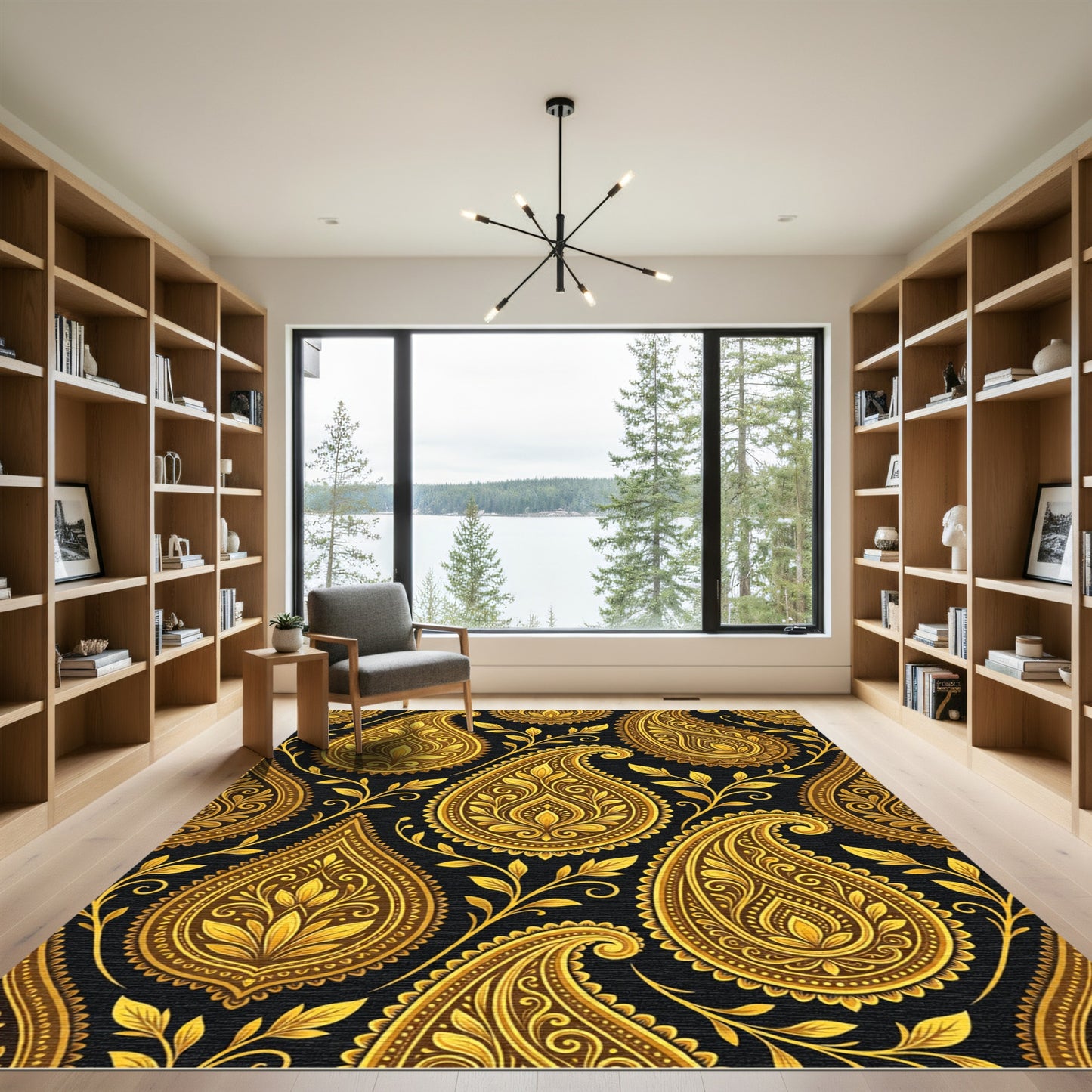 Luxurious Golden Paisley Scroll Black Ensemble Rug