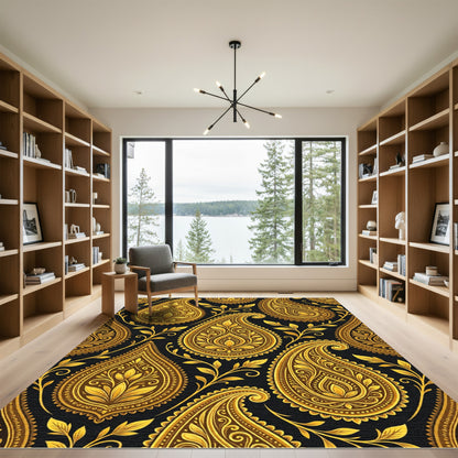Luxurious Golden Paisley Scroll Black Ensemble Rug