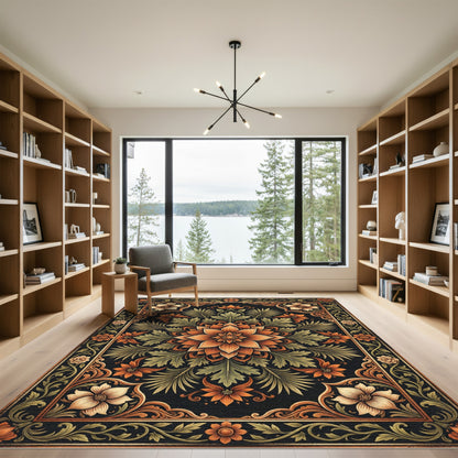 Autumnal Floral Mandala Ornate Gold Foliage Rug