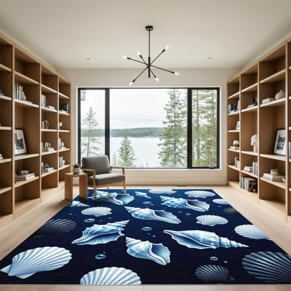 Glassy Seashells Dark Blue Ocean Rug