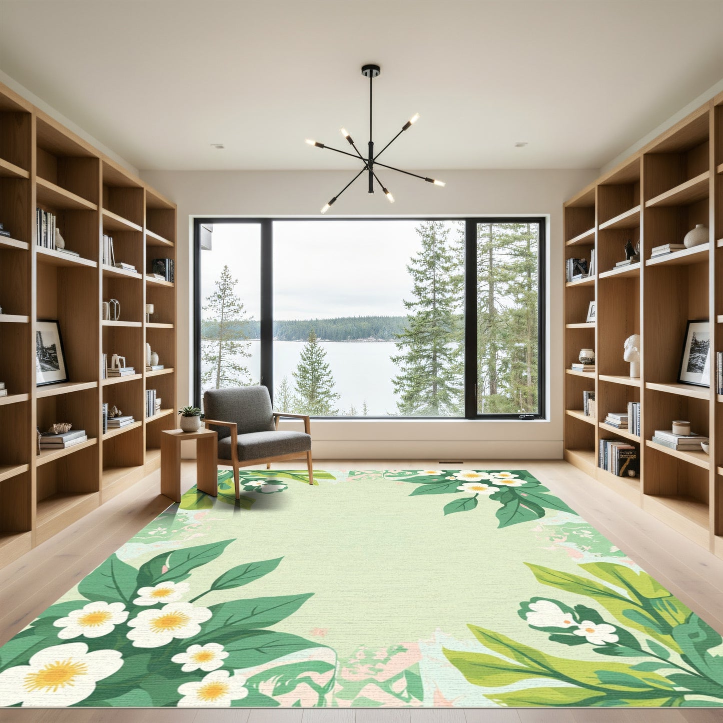Spring Green Blossom Leaf Border Rug