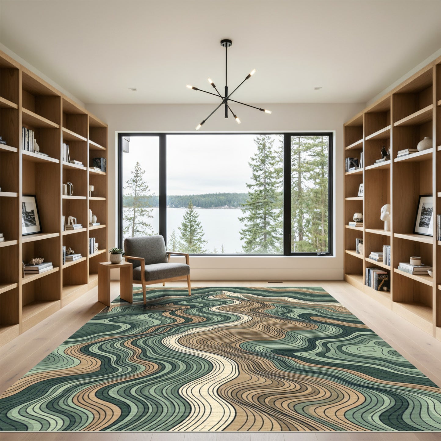 Earthy Green Wavy Mountain Peak Art Rug