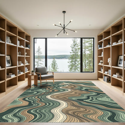 Earthy Green Wavy Mountain Peak Art Rug