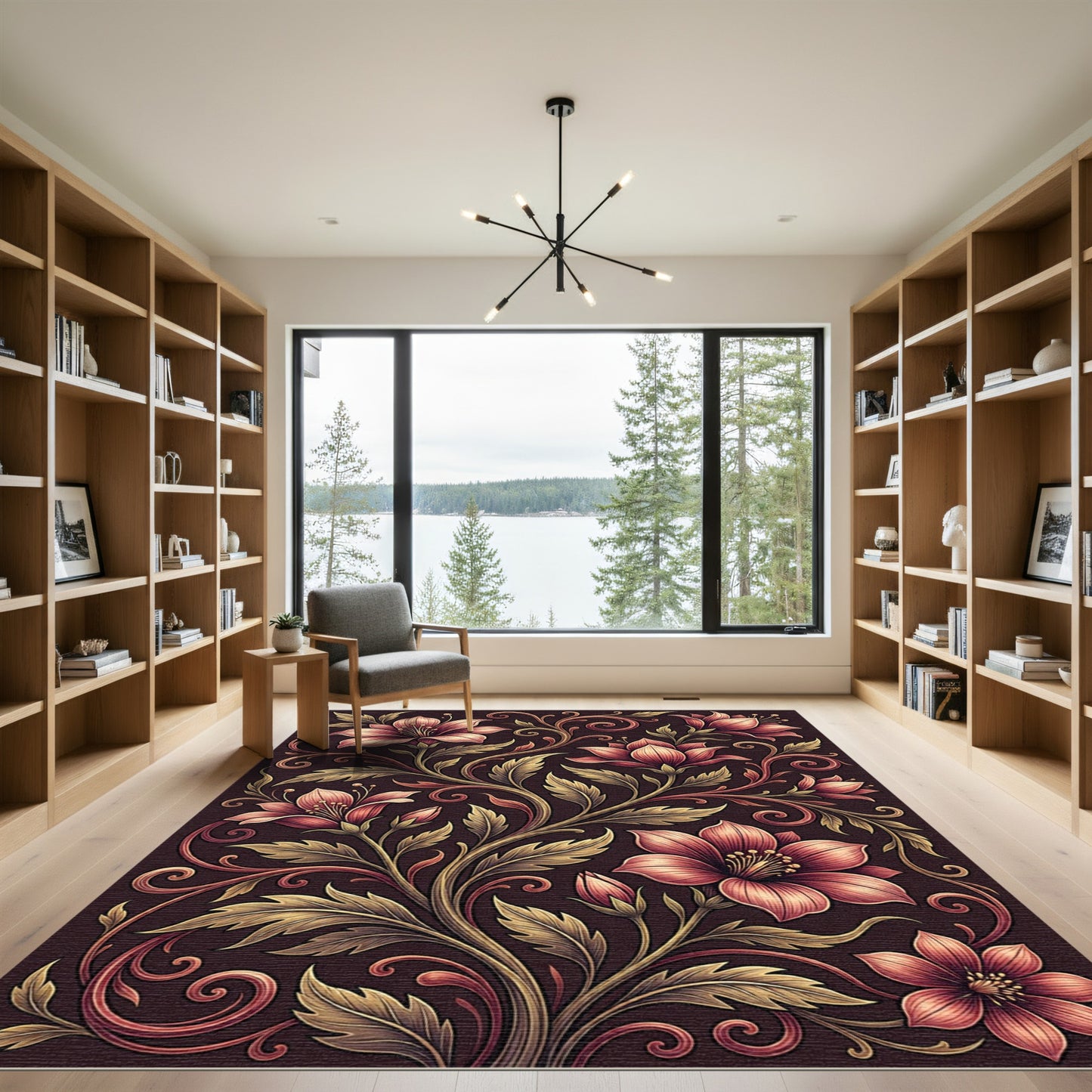 Elegant Crimson Floral Scroll Art Rug