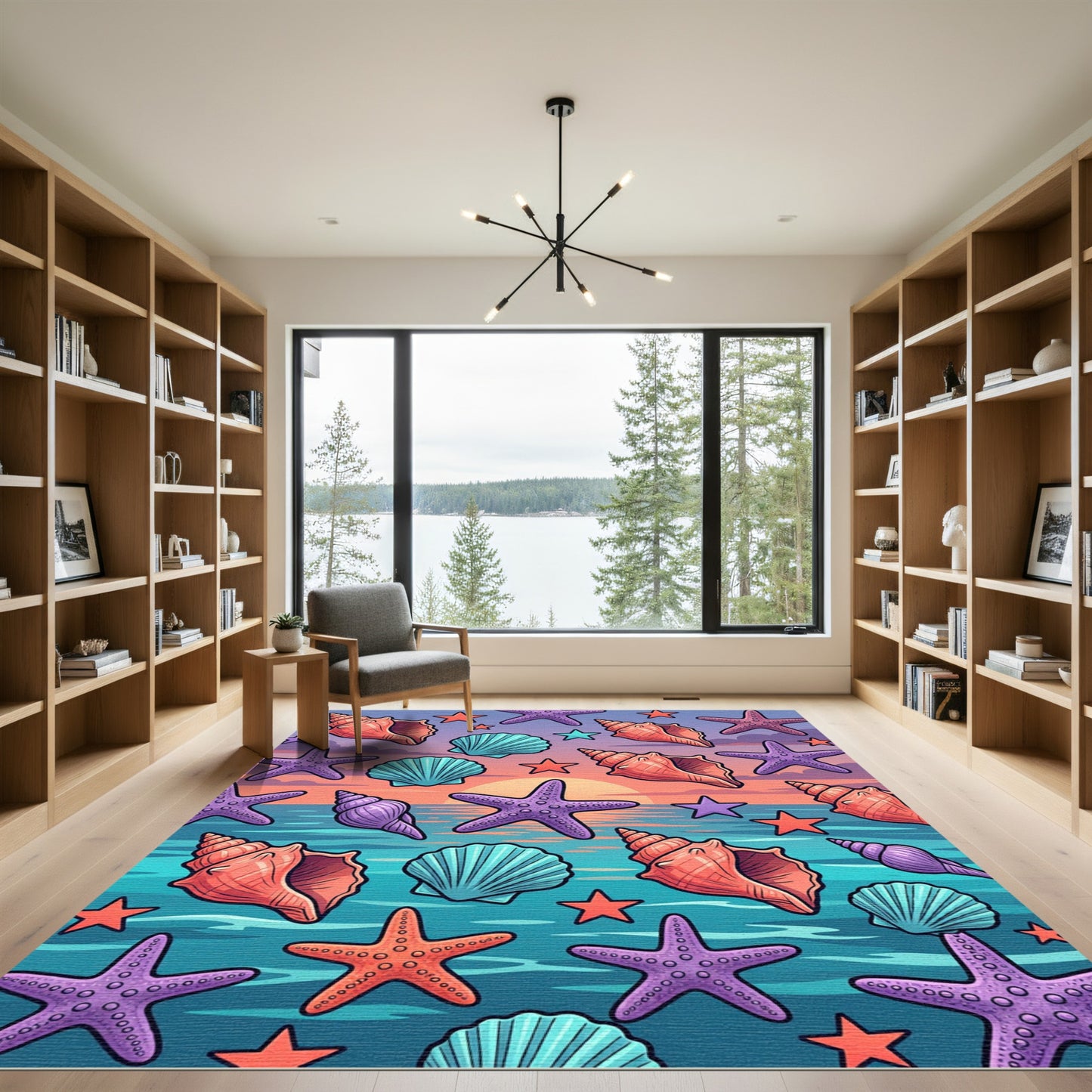 Vibrant Coastal Seashell Starfish Sunset Art Rug