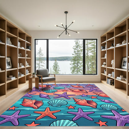 Vibrant Coastal Seashell Starfish Sunset Art Rug